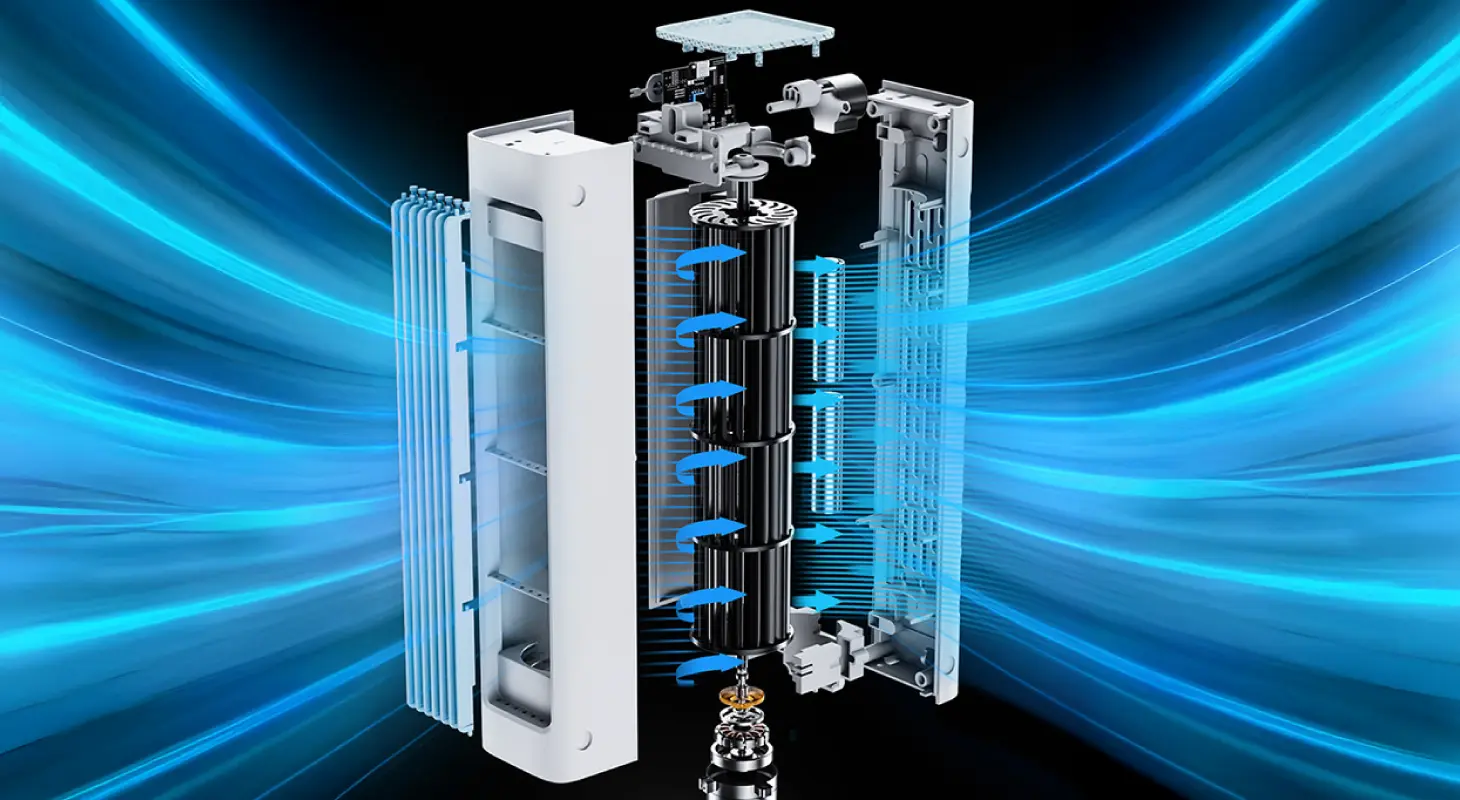 Cutaway diagram of the Qinux BreezaMax showing its bladeless internal fan, water-cooling core and the path of cool airflow moving out through the front vent